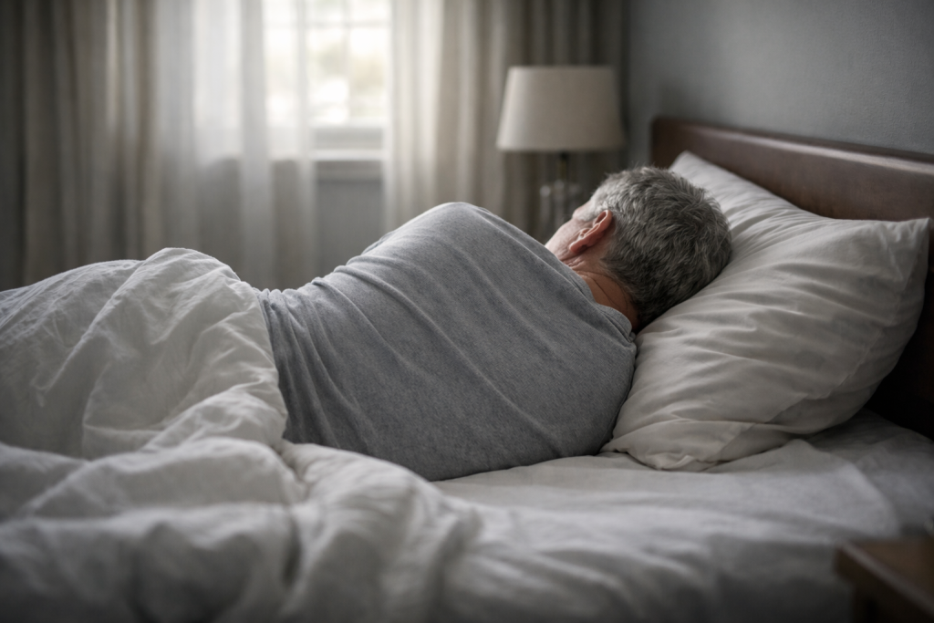 Elderly man sleeps in a bed with his back turned to the camera.